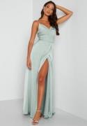 Bubbleroom Occasion Waterfall High Slit Satin Gown Dusty green 38