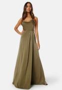 Bubbleroom Occasion Waterfall High Slit Satin Gown Olive green 46