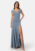 Goddiva Bardot Pleat Maxi Split Dress Air Force Blue XL (UK16)