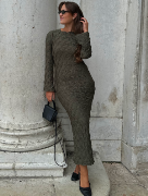 BUBBLEROOM Structure Long Sleeve Midi Dress Khaki green S