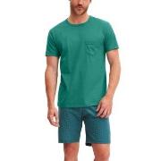 Calida Relax Imprint O Neck Short Pyjama Grønn bomull Small Herre