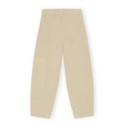 Beige Ganni Washed Cotton Canvas Elasticated Curve Pants Bukser Jeans