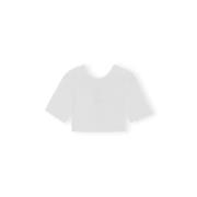White Ganni Cotton Poplin O-Neck Cropped Smock Top Bluser Skjorter