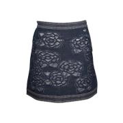 Brukt Bomull Shorts-Skj?rt, Chanel Floral Motif Denim Mini Skj?rt