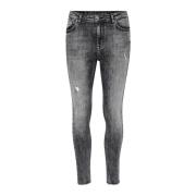 Slim Fit High Rise Grå Jeans med Slitte Detaljer
