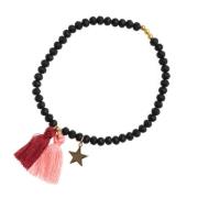 Crystal Bead Bracelet 4 MM W/Tassel Black Matte W/Ox RED / Blush Rose