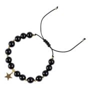 Stone Bead Bracelet 8 MM Shiny Black W/Gold