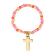Glass Bead Ring 2 MM Orange Pink W/Cross Charm