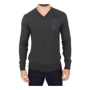 Gray Wool Blend V-neck Pullover Sweater