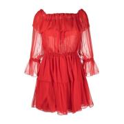 Rose Red Off-Shoulder Silk Dress