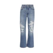 Klassiske Indigo Straight Jeans med Revnede Detaljer