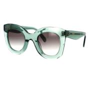 Geometriske solbriller med grønn acetatramme og gråtonede linser
