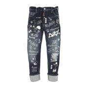 Mørkeblå Graffiti Print Jeans