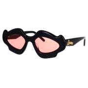 Geometriske solbriller med unikt svart acetatramme og rosa organiske l...