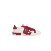 Hvite Vintage Lav-Top Sneakers med Rød Hæl