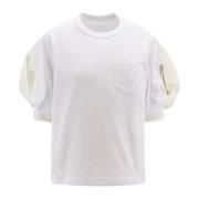 Hvit Ribbet T-skjorte med Glidelåslomme