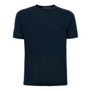 Blå Bomull Ribbet Crewneck T-skjorte