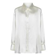 Hvit Silke Oversized Skjorte med Perlemor Knapper