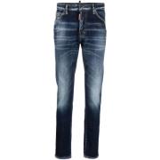 Blå Slim-Fit Jeans med Whiskering Effekt