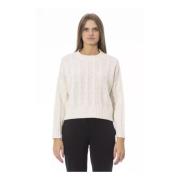 Beige Wool Crew Neck Sweater med Monogram Detalj