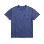 Blå Klassisk Passform Bomull-Lin Lomme T-skjorte