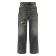 Svarte Wide Leg Jeans med Whiskering