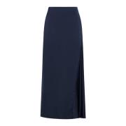 Navy Blue Satin Midi Skjørt