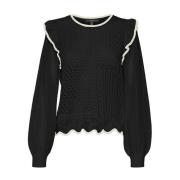 Svart Heklet Genser Kort Pullover