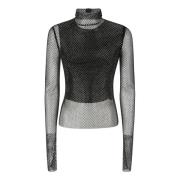 Glitter Mesh Top med Høy Krage