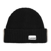 Svart Oversized Ull Rib Beanie