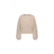 Beige Pullover med Hjerte Broderi