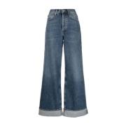 Blå Wide-leg Jeans med Rullekant