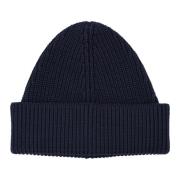 Marineblå Ribbet Ull Beanie Lue