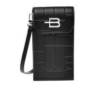 Mobile phone holder in black leather with monogram