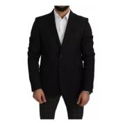 Svart ull Slim Fit Notch Jacket