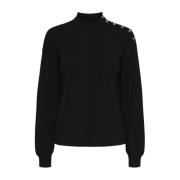 Svart Strikket Pullover Genser med Knapper