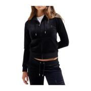 Svart Velour Zip Hoodie med Juvel Detalj