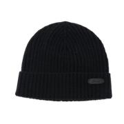 Blå Cashmere Beanie Lue med Logo Patch