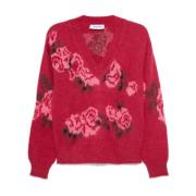 Rød blomstersweater med perleutsmykning