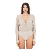 Beige Ribbet Lurex Bodysuit med Logo