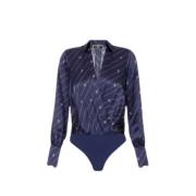 Marineblå Stripet Silke Bodysuit Bluse