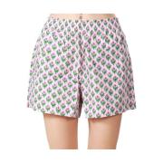 Blomstret bomullsshorts rosa elastisk midje