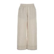 Beige Lin Crop Bukser med Monile Dekorasjoner