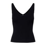 Sort Ribbet Strikket V-hals Tank Top