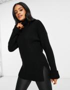 NA-KD ribbed knitted roll neck jumper with side splits in black