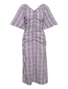 Seersucker Check V-Neck Fitted Midi Dress Purple Ganni