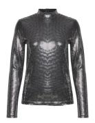 Jilana High Neck Long Sleeve Top Silver Minus