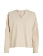 Structure Twill V Neck Ls Top Beige Calvin Klein