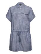 Pinstripe Linen Short-Sleeve Romper Blue Lauren Ralph Lauren