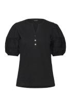 Lace-Trim Jersey Puff-Sleeve Henley Tee Black Lauren Ralph Lauren